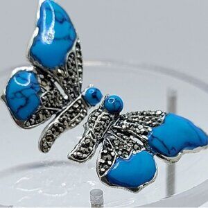 Natural Turquoise & Marcasite 925‎ Sterling  Silver Butterfly Earrings
